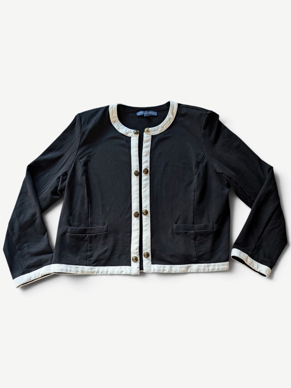 Tommy Hilfiger Black Contrast White Trim Knit Jacket Brass Crest Buttons Large